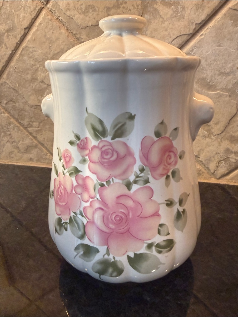 VTG Gibson “Roseland” Ceramic Cookie Jar Canister with Painted Pink Rose Motif